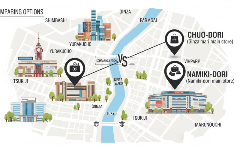 銀座ダイヤモンドシライシ両本店の外観と周辺の雰囲気