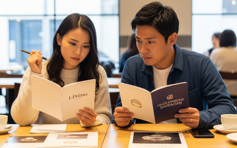 アイプリモとダイヤモンドシライシの指輪選びで迷うカップル