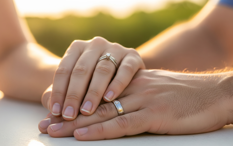 結婚指輪を選んだカップルの手